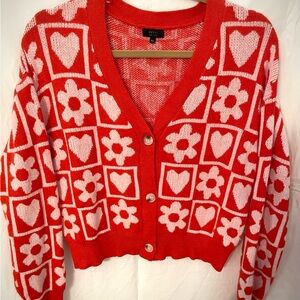 Debut Orange and White Heart Pattern Cropped Cardigan